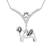 Shih Tzu Necklace Body Design in V-Shaped Cubic Zirconia and Sterling Silver Chain with Pawprint.