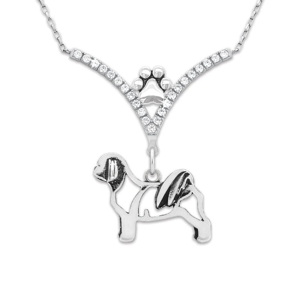 Shih Tzu Necklace Body Design in V-Shaped Cubic Zirconia and Sterling Silver Chain with Pawprint.