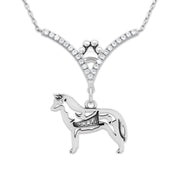 Siberian Husky Necklace Body Design with Sled in V-Shaped Cubic Zirconia and Sterling Silver Chain with Pawprint.