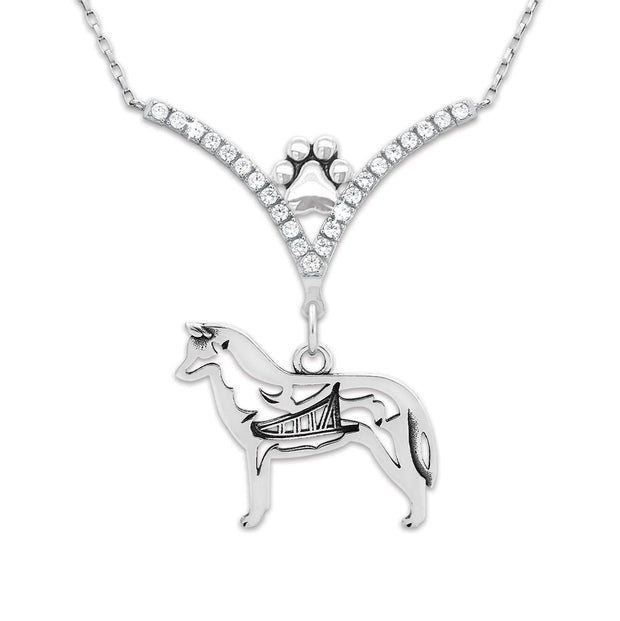 Siberian Husky Necklace Body Design with Sled in V-Shaped Cubic Zirconia and Sterling Silver Chain with Pawprint.