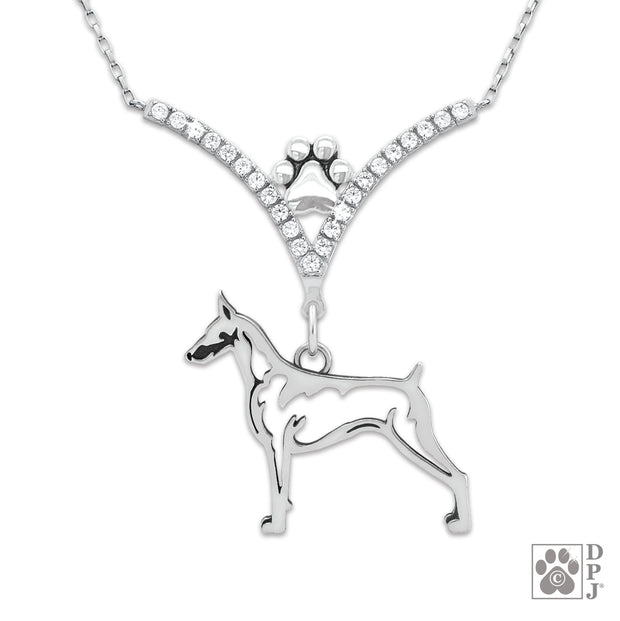 Fine jewelry for dog moms, Cubic zirconia Doberman Pinscher necklace in sterling silver
