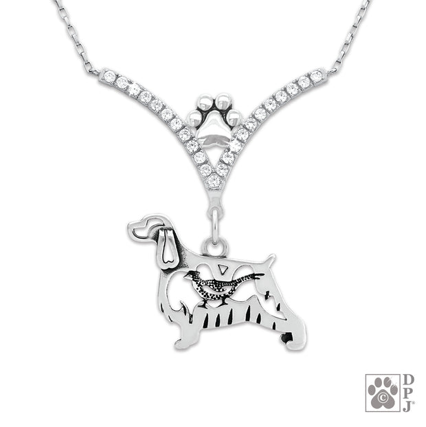 High end English Springer Spaniel necklace jewelry, English Springer Spaniel necklace in sterling silver with cubic zirconia 