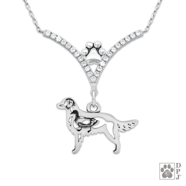 Luxury Flat-Coated Retriever cubic zirconia necklace in sterling silver, High end Flat-Coated Retriever jewelry and gifts