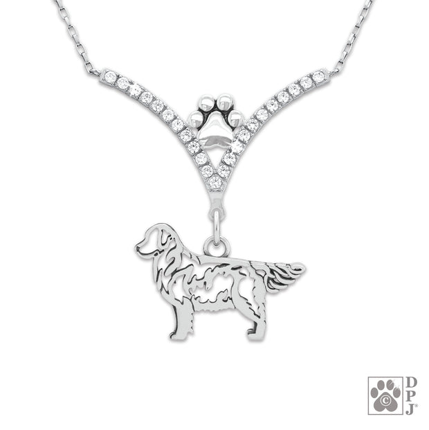 High end  Golden Retriever cubic zirconia necklace in sterling silver, Fine Golden Retriever jewelry in sterling silver