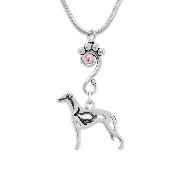 Whippet Necklace Body Design with Rabbit with Light Amethyst Crystal in Sterling Silver on Snake Chain.