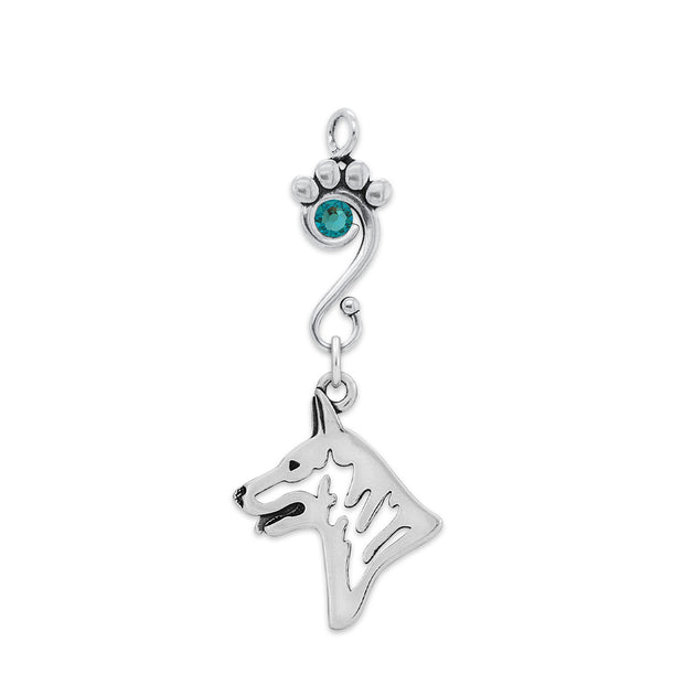 White Shepherd Pendant Head Design with Teal Crystal in Sterling Silver.