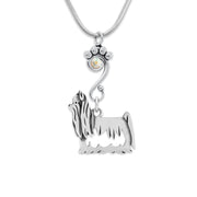 Yorkshire Terrier Necklace Body Design with Aurora Borealis Crystal in Sterling Silver on Snake Chain.