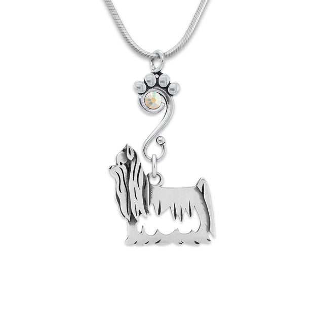 Yorkshire Terrier Necklace Body Design with Aurora Borealis Crystal in Sterling Silver on Snake Chain.