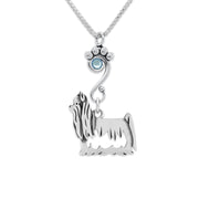 Yorkshire Terrier Necklace Body Design with Light Sapphire Crystal in Sterling Silver on Box Chain.