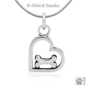Dog bone and heart necklace jewelry on snake chain, Sterling silver gifts for dog lovers