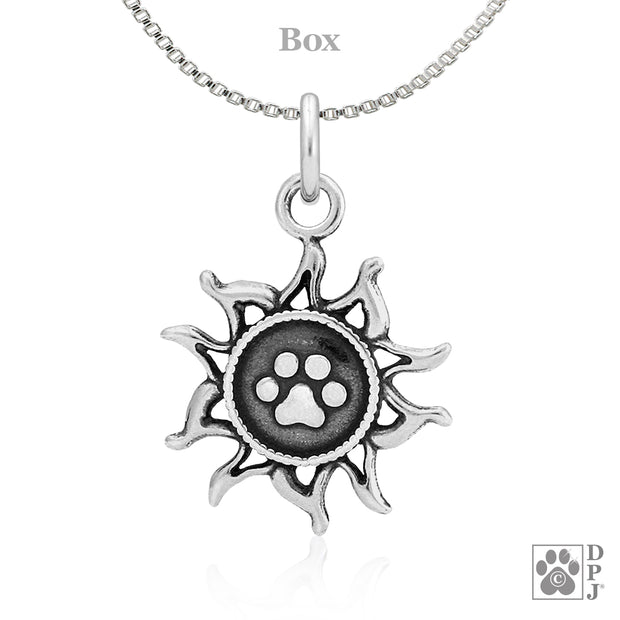 Sun shaped necklace pendant in sterling silver with paw print in center, Dog themed gifts